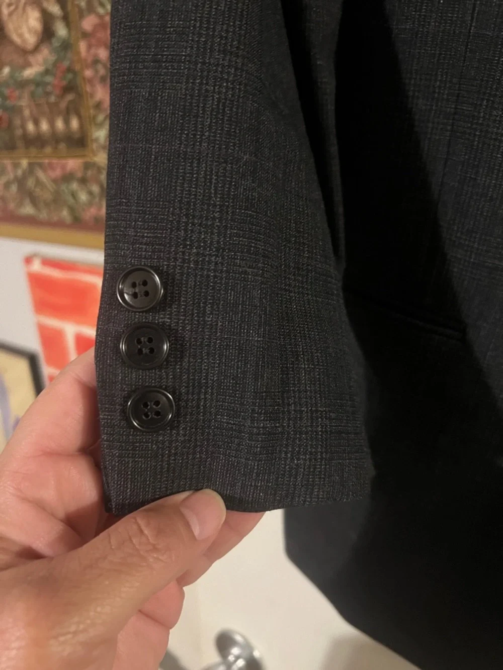 Jones New York dark gray single breasted suit. 100% wool gabardine.